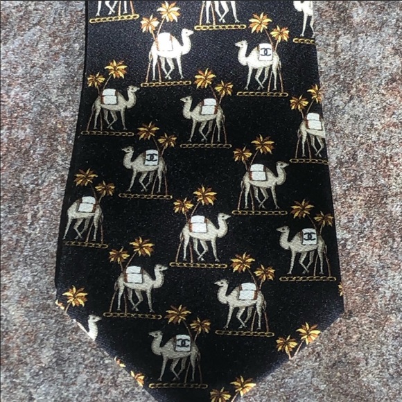 CHANEL Other - Vintage CHANEL silk tie Black Gold Camel Palm Tree